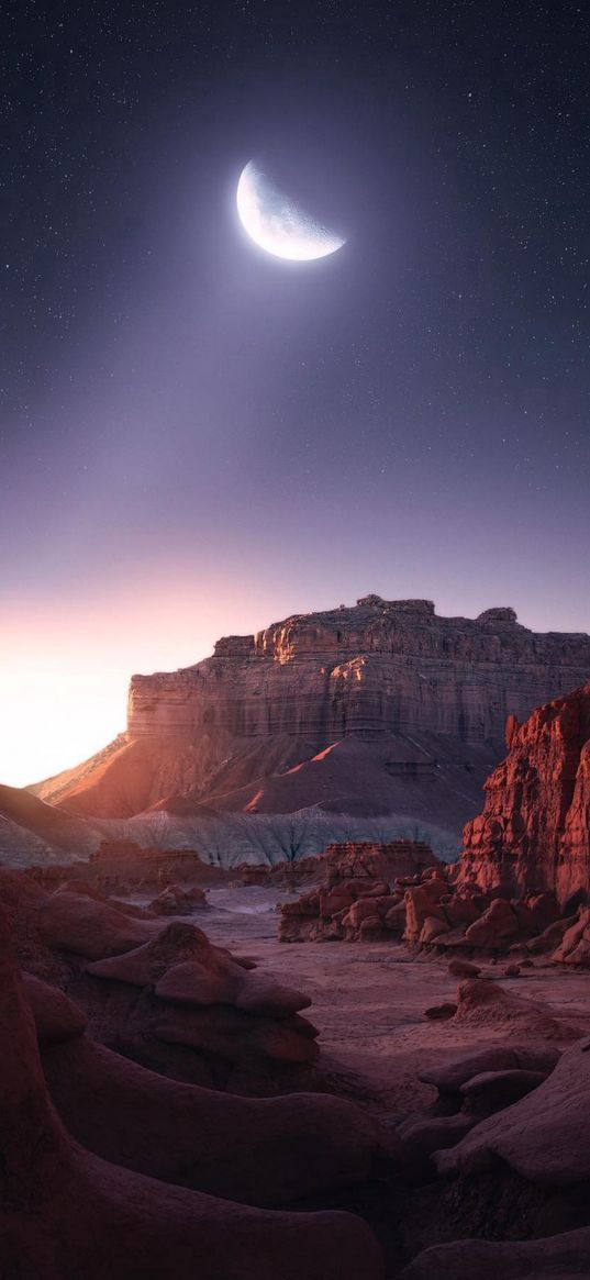 ruins, mountain, sunset, sky, moon