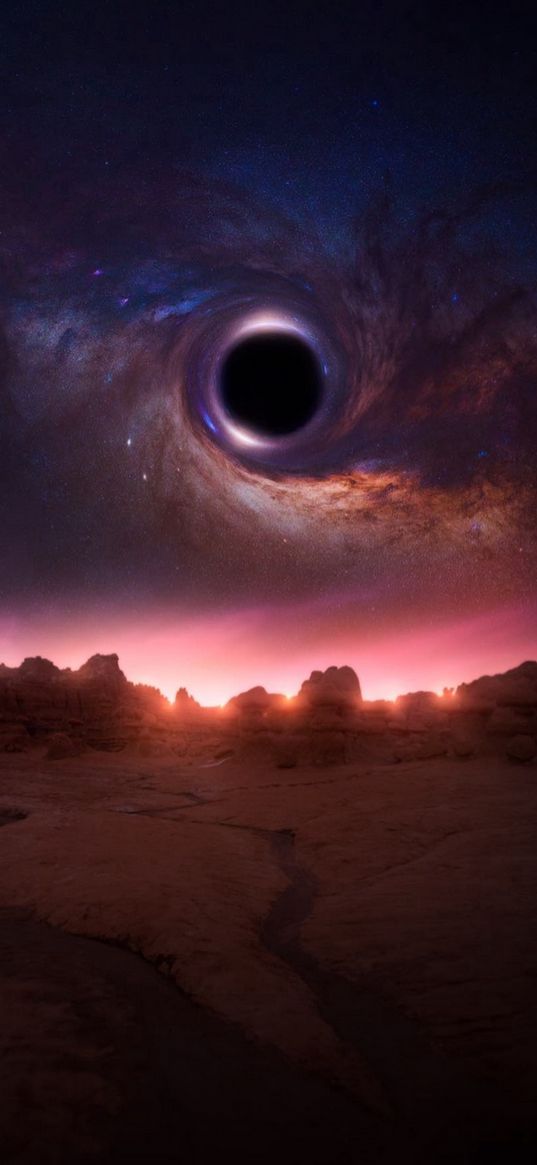 desert, sand, mountains, sunset, black hole, milky way, science fiction