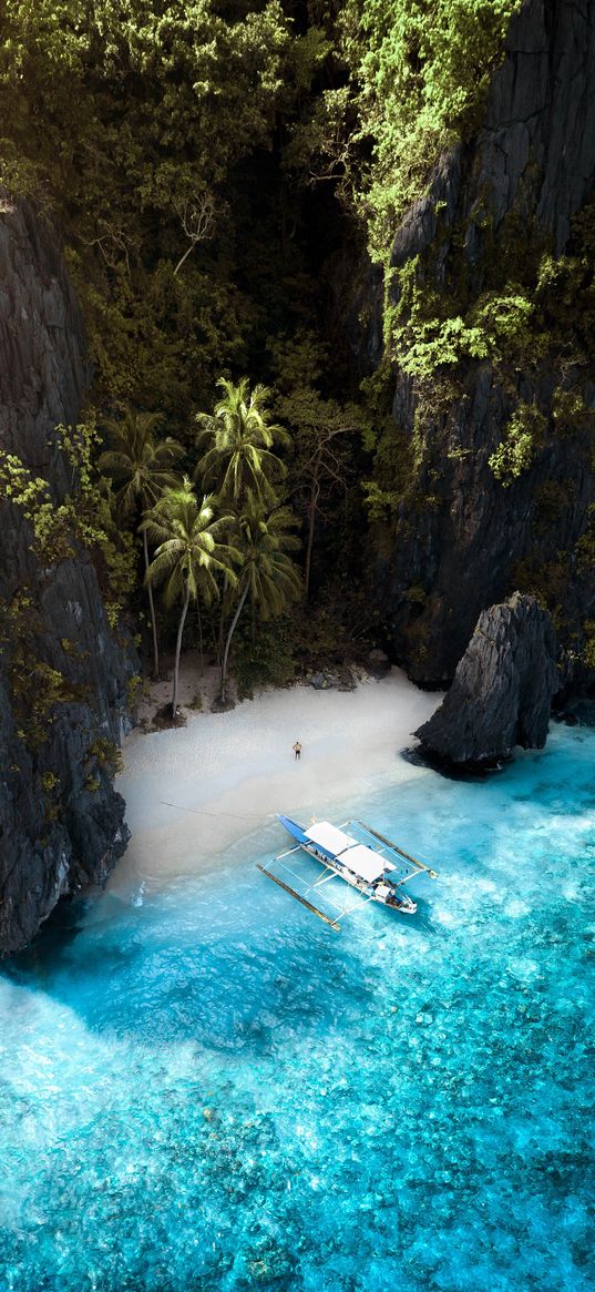 nature, rock, water, trees, sand, sea, boat