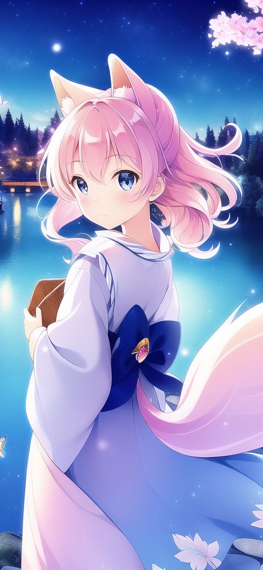 girl, neko, tail, kimono, anime