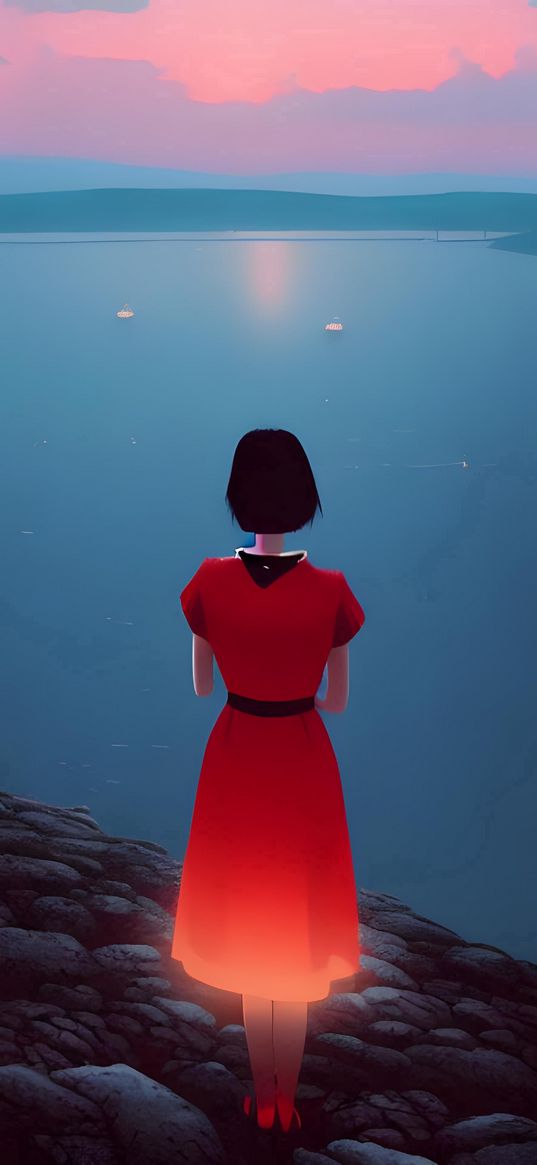 alone, girl, water, sea, red dress, ai