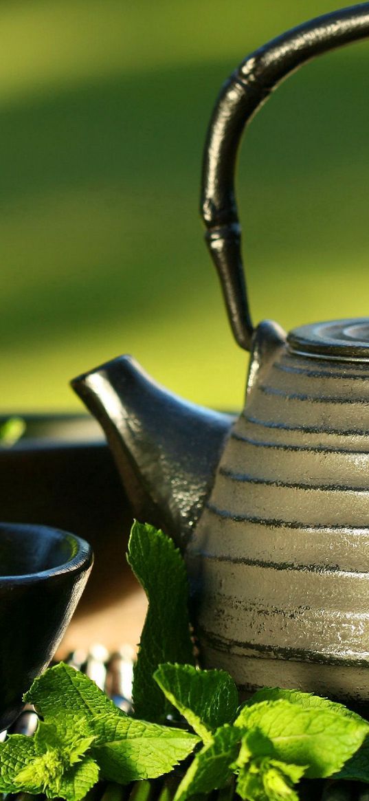 teapot, cup, black, mint, tea