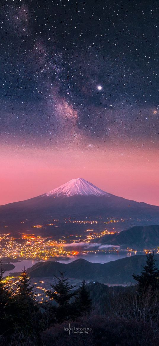 mount fuji, starry sky, city, evening, forest, pink, blue