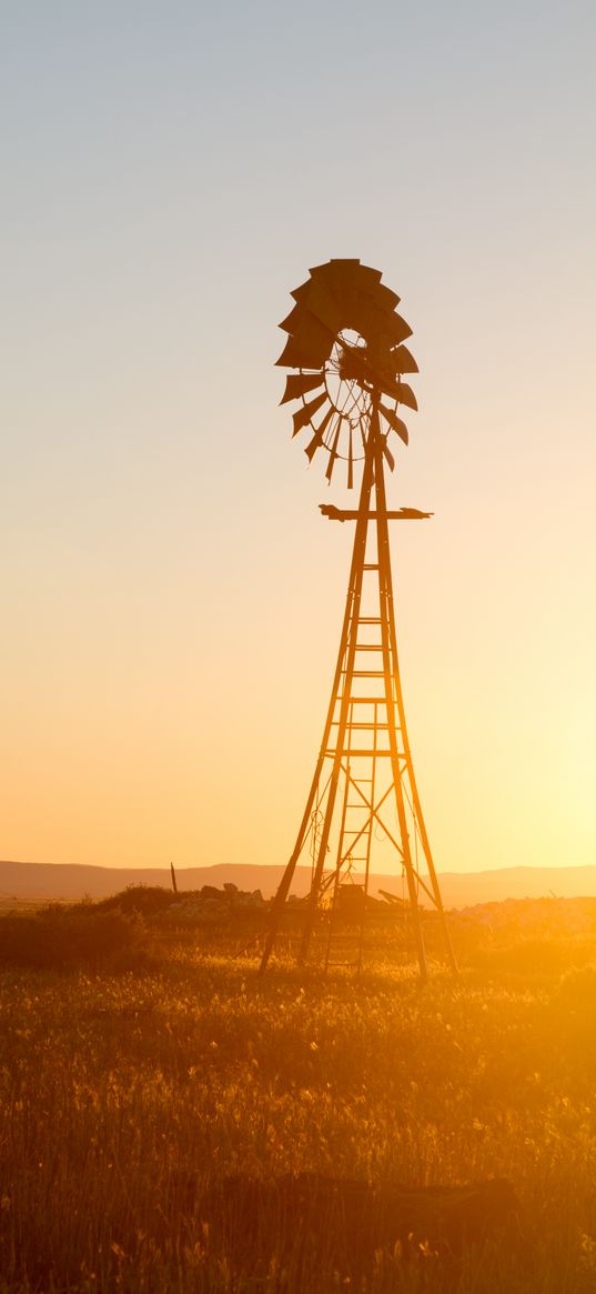 windmill, silhouette, field, sunset