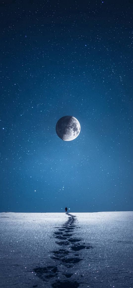 footprints, starry sky, moon, traveler, person, nature