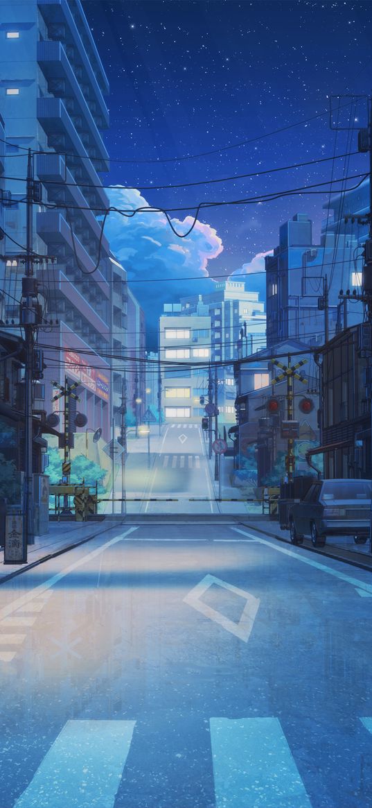 street, road, japan, starry sky, anime, background