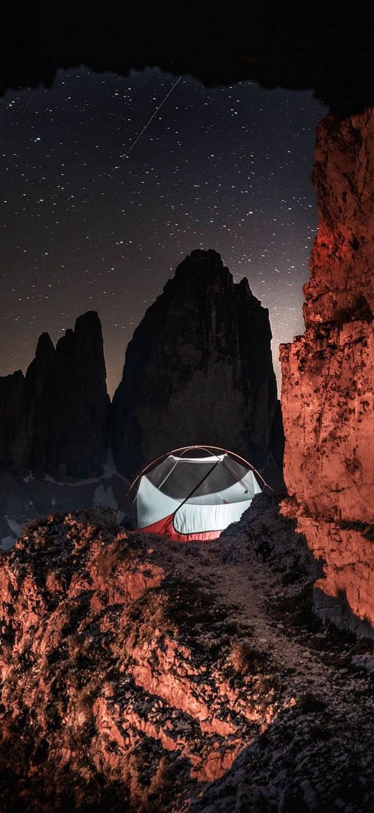 cave, stone, mountain, peak, camping, starry sky