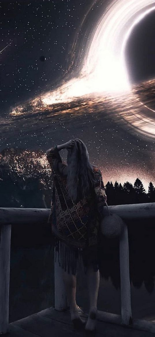 girl, forest, mountains, starry sky, black hole