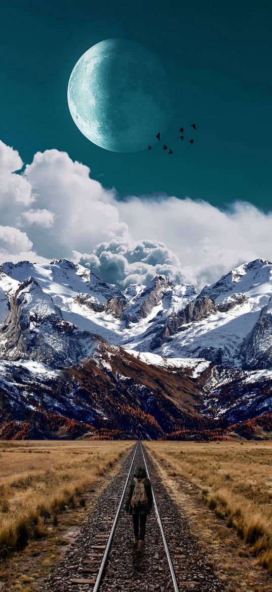 railway, mountain, person, clouds, blue sky, moon, birds