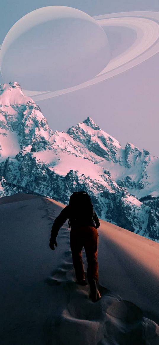 mountains, snow, traveler, person, planet, sky, nature