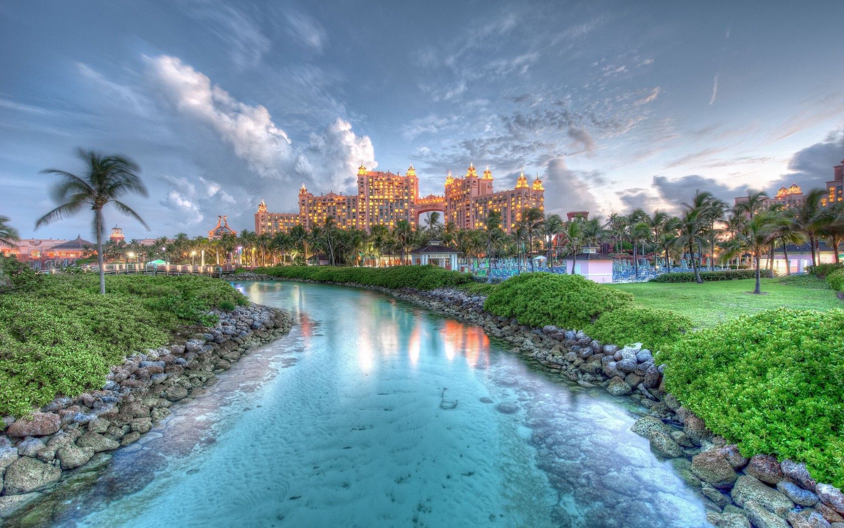 bahamas, island, landscape, rocks, grass, tree, water, sky, clouds, buildings, hdr