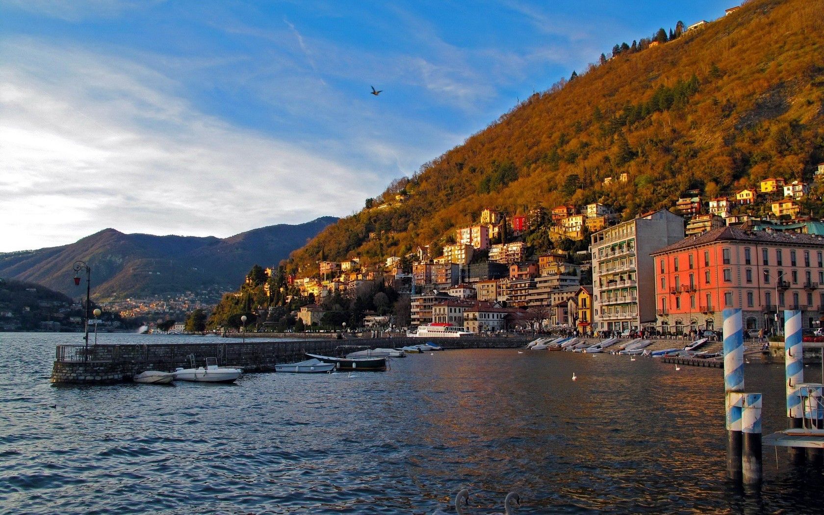 italy, lombardy, como, sea, promenade, pier, houses, mountains, water, sky