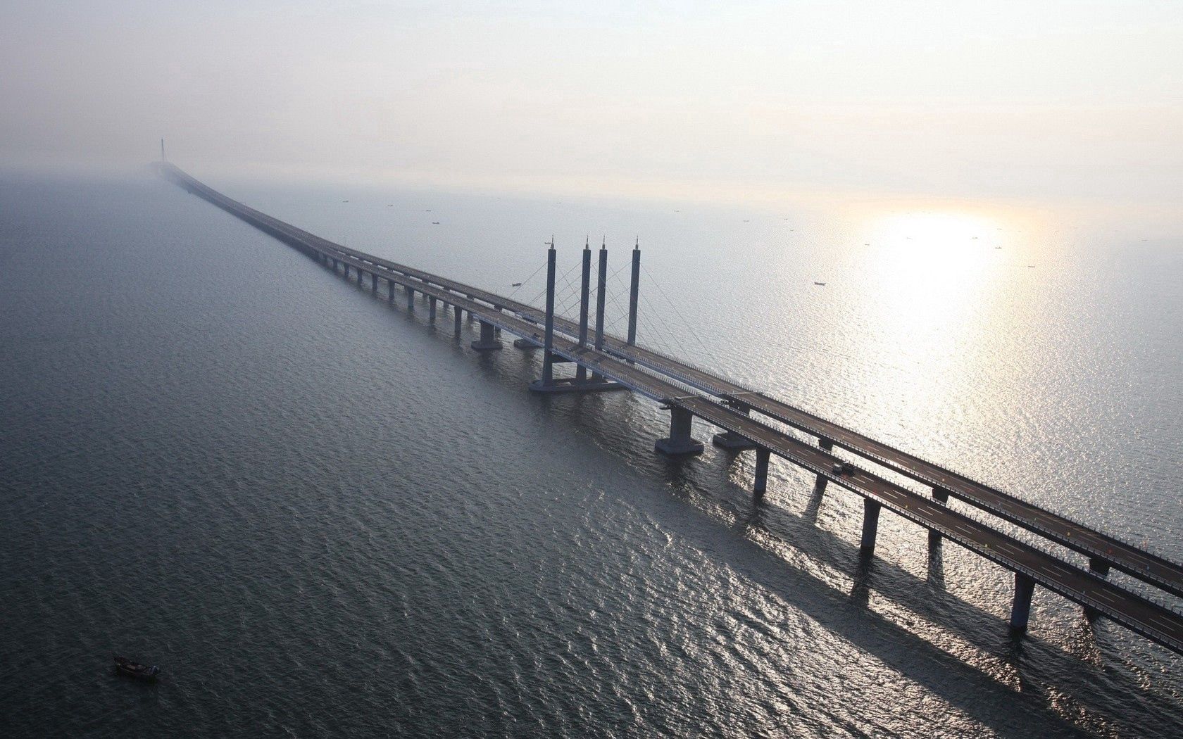 china, shandong province, jiaozhou bay, qingdao, qingdao bridge, longest bridge, river, water, ripples, landscape, sky, reflection, sun