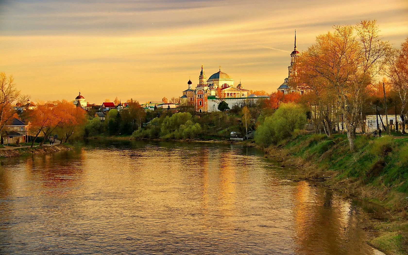 torzhok, tver region, evening, sunset, river, reflection, autumn, russia