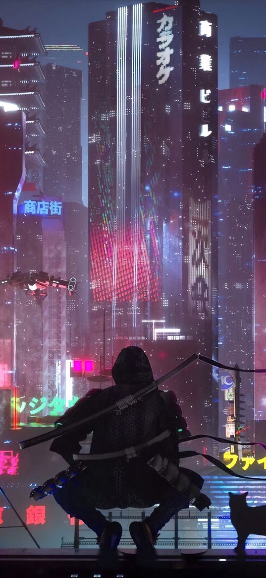 ninja, cat, katana, roof, skyscrapers, city, neon, lights, cyberpunk, future, night, art