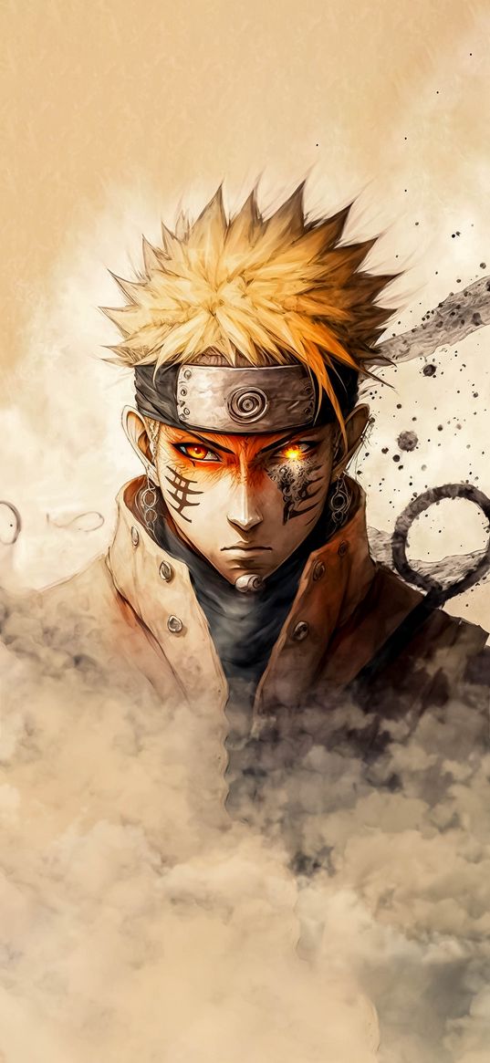 naruto uzumaki, naruto, anime, ninja, warrior, tattoo, fiery eyes, bandage, smoke, art