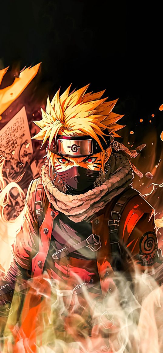 naruto uzumaki, naruto, anime, ninja, warrior, tattoo, red eyes, mask, bandage, smoke, art