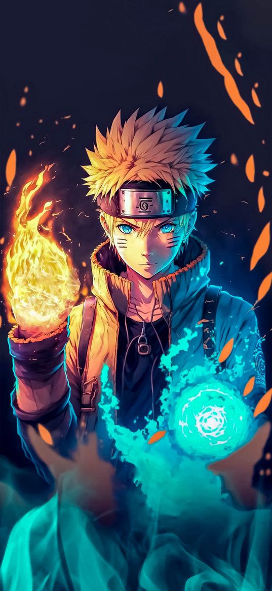 naruto uzumaki, naruto, anime, ninja, magician, guy, fireballs, magic, bandage, blue, orange, art