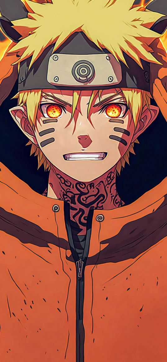 naruto uzumaki, naruto, anime, ninja, guy, tattoo, bandage, crazy, fiery eyes, jacket, black background, art