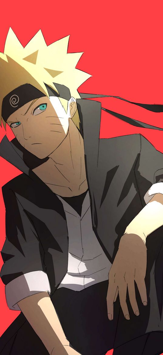 naruto uzumaki, naruto, anime, ninja, guy, bandage, green eyes, serious, stylish, red background, art