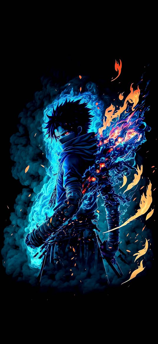 ninja, assassin, warrior, guy, mask, weapon, fire, flame, smoke, blue, black background, anime, art