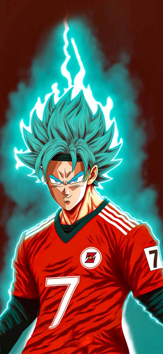 goku, dragon balll, anime, warrior, guy, football player, sports uniform, magic, smoke, art