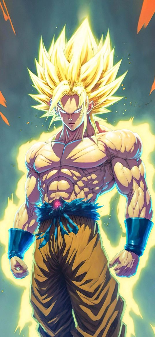 goku, dragon ball, anime, warrior, guy, muscular, strong, superpower, magic, glow, yellow, art