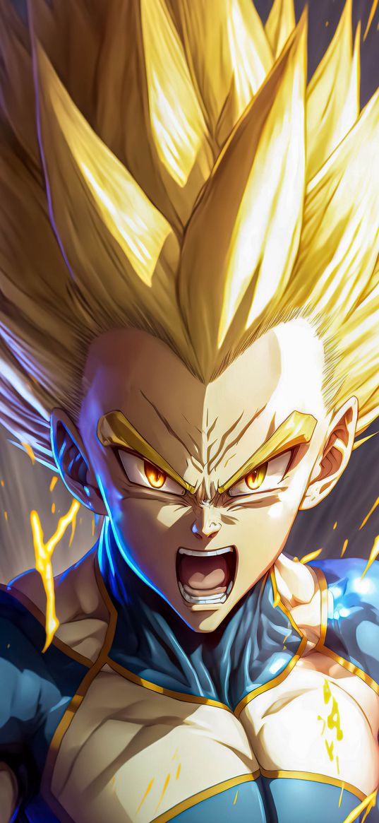 vegeta, dragon ball, anime, warrior, guy, yellow hair, screaming, angry, muscular, strong, superpower, art