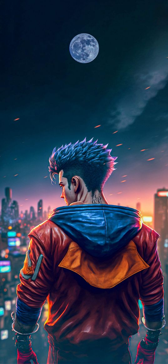 guy, lonely, hairstyle, tattoo, jacket, stylish, cool, moon, city, cyberpunk, sparks, sky, art