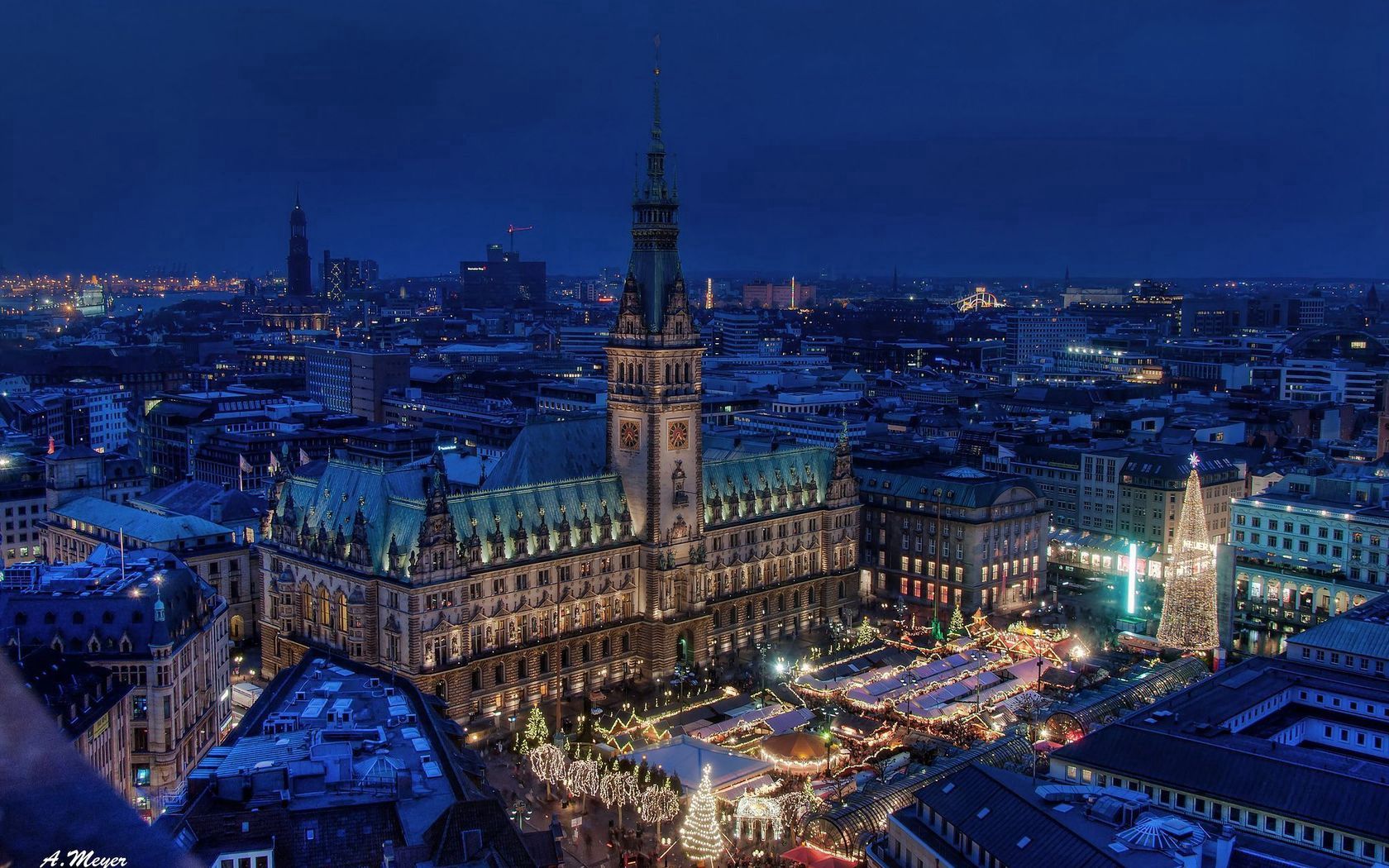 hamburg, germany, town hall, night city, area, building