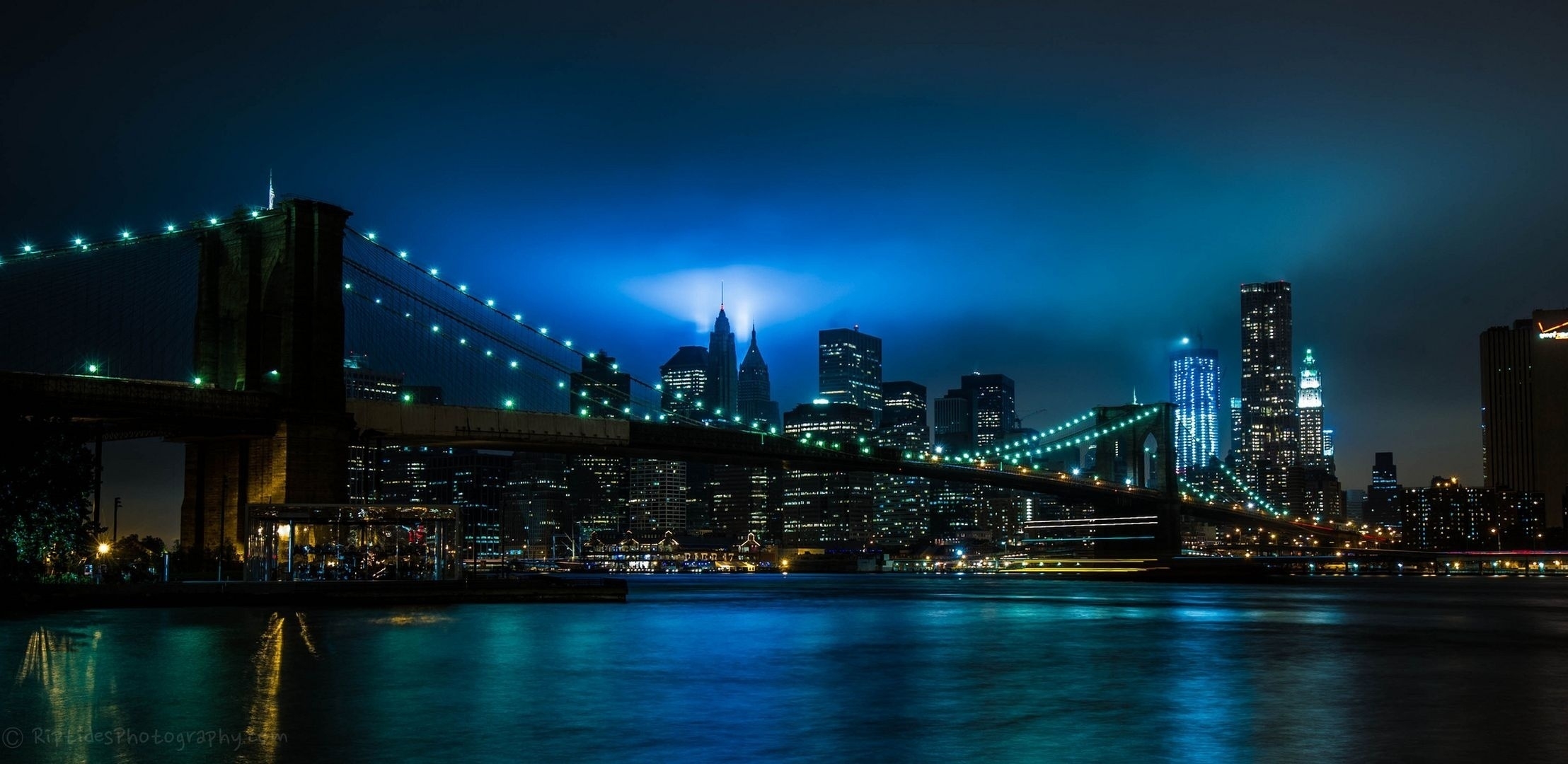 city, night, lights, river, bridge, brooklyn, new york