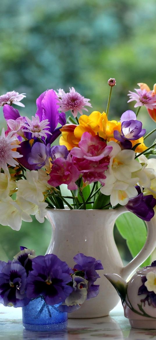 pansies, freesia, tulips, wisteria, flowers, pitcher, porcelain