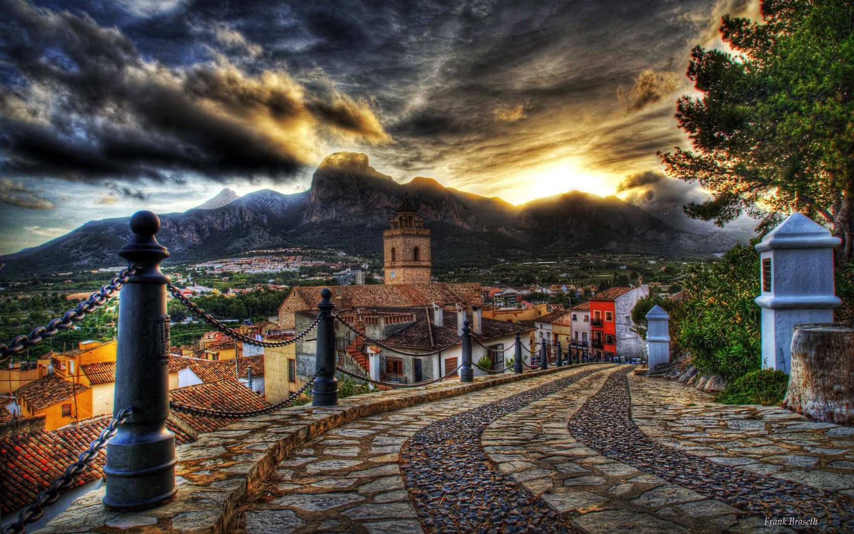 architecture, streets, mountains, old, sky, sunset, road, clouds, houses, flowers, colorful, beautiful, hdr