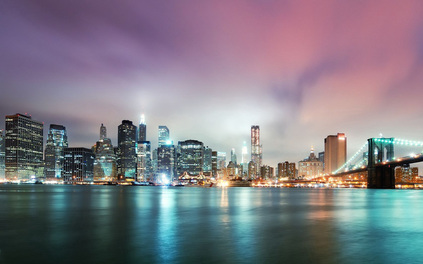 brooklyn, bridge, river, skyscraper, night, hdr