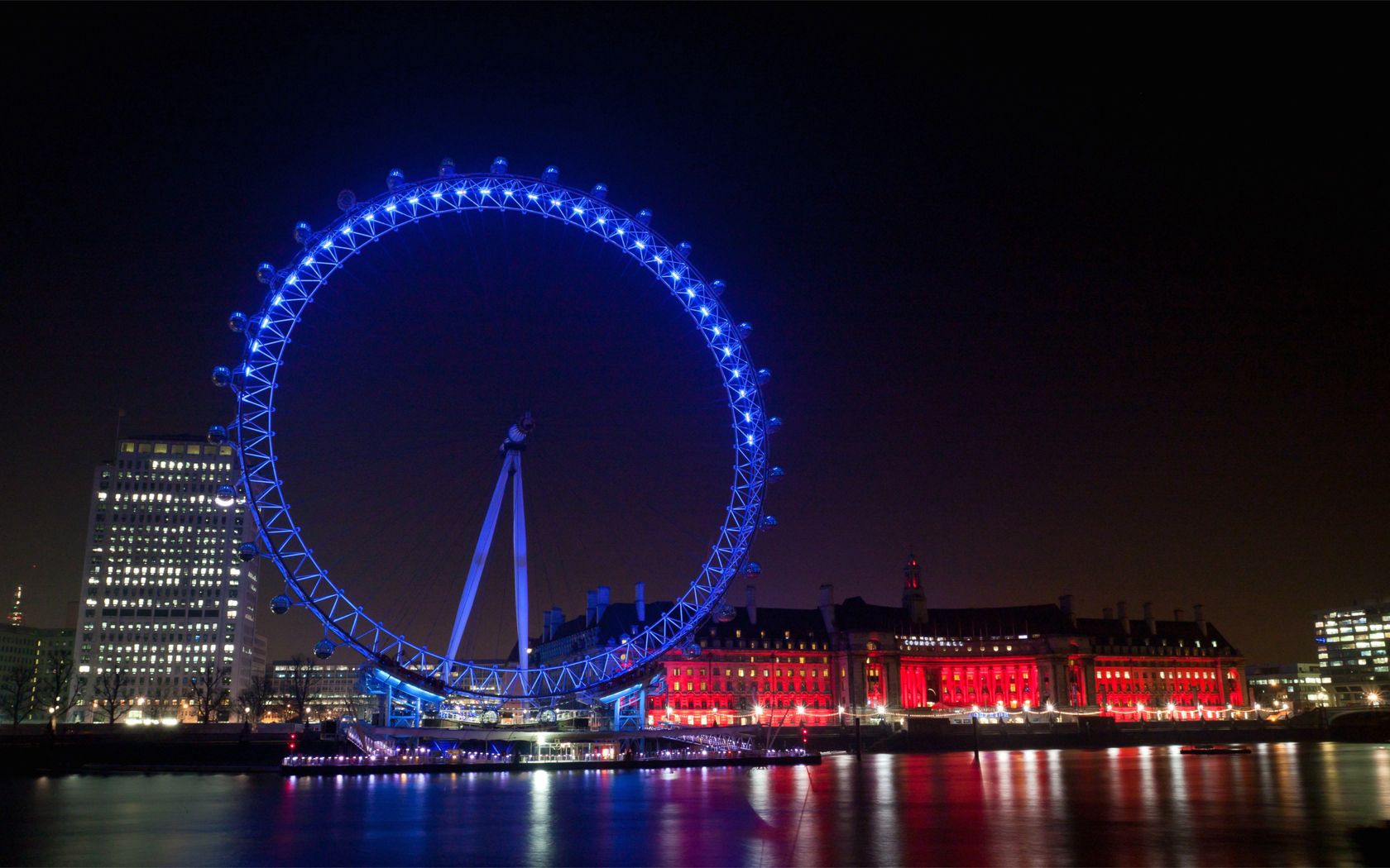 uk, england, london, evening city lights, lights, illumination, ferris wheel, buildings, houses, quay, river, reflection