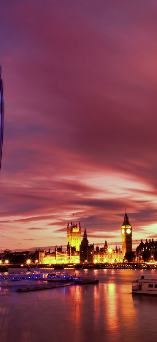 uk, england, london, capital, ferris wheel, night, architecture, lights, promenade, river, thames