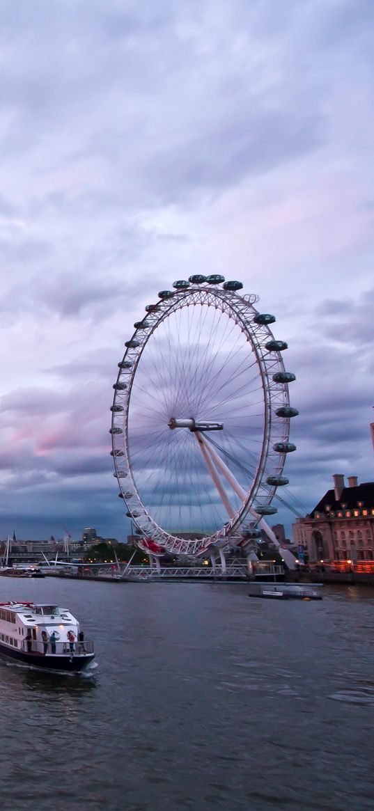 uk, england, london, capital, ferris wheel, night, building, architecture, promenade, river, thames, sky, clouds