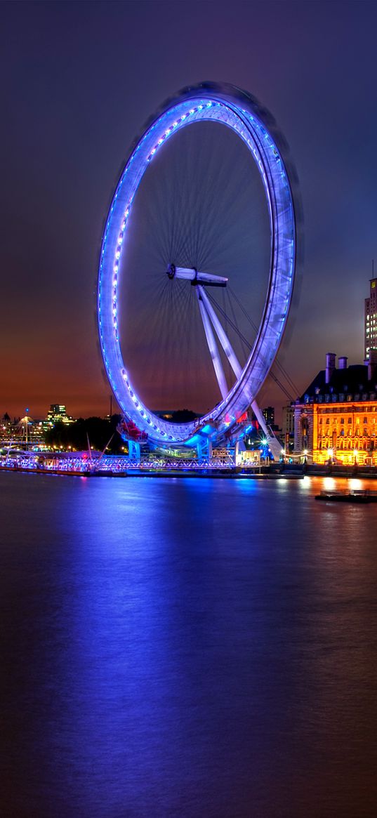 uk, england, london, capital, ferris wheel, night, building, architecture, lights, river, thames