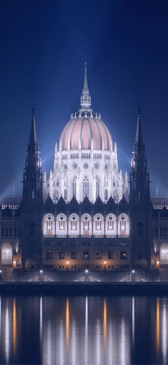 hungary, budapest, night, building, parliament, lights, promenade, river, danube, reflection