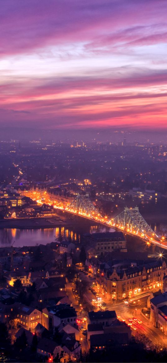 dresden, germany, bridge, lights, river, elbe, evening, orange, sunset, view, elevation, panorama