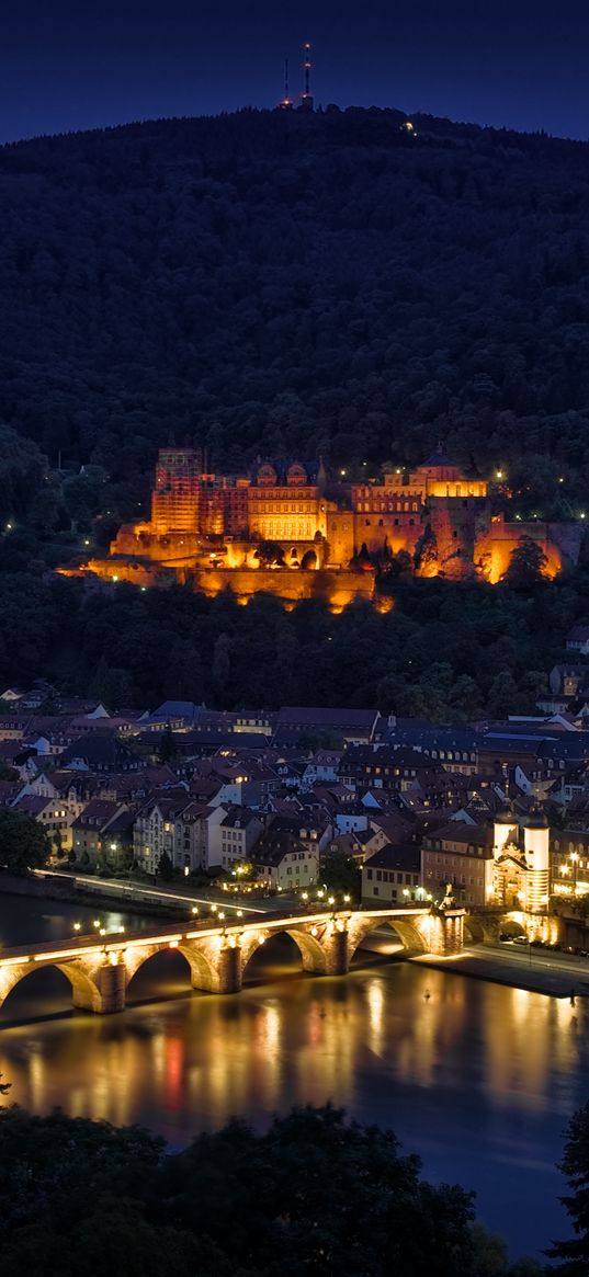 germany, heidelberg, night, lights, bridge, river, reflection, type, height, panorama