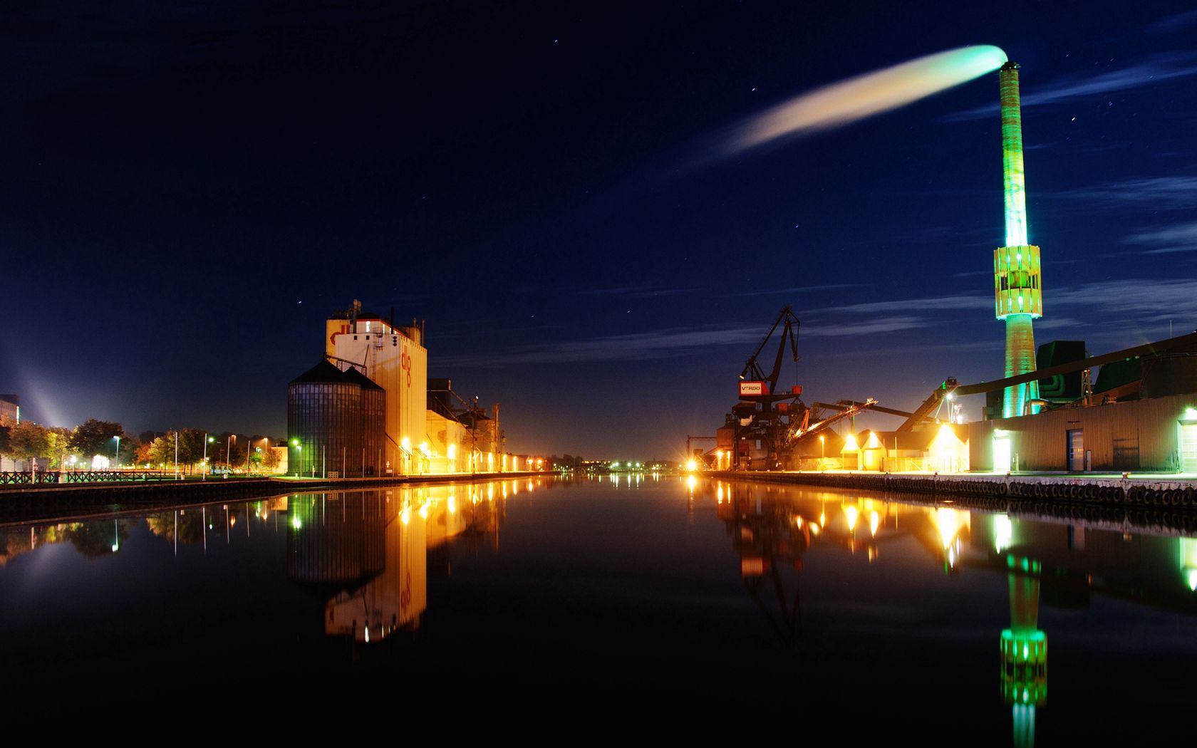 city, dock, port, pipe, lights, night