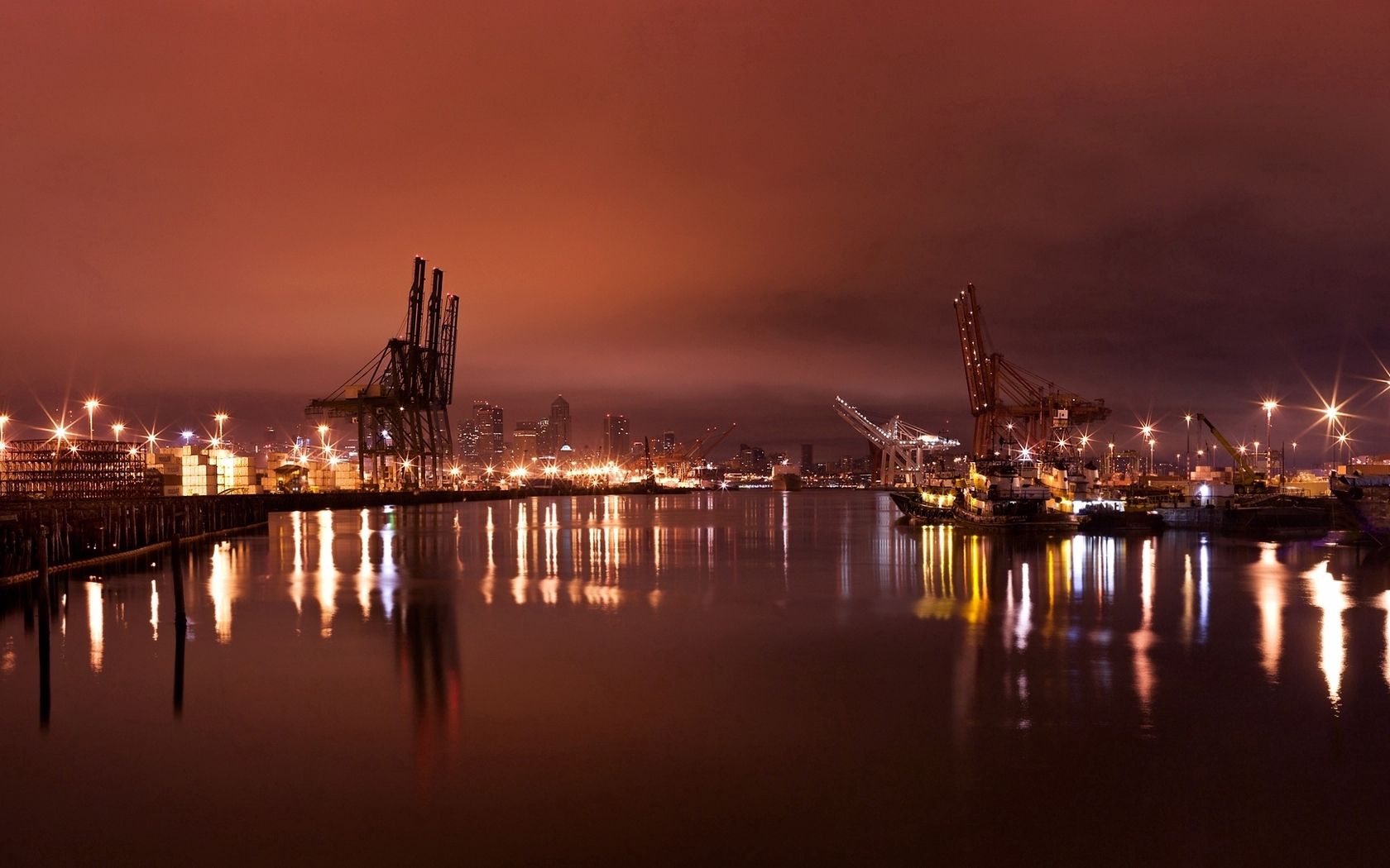 city, port, cranes, lights, light, reflection