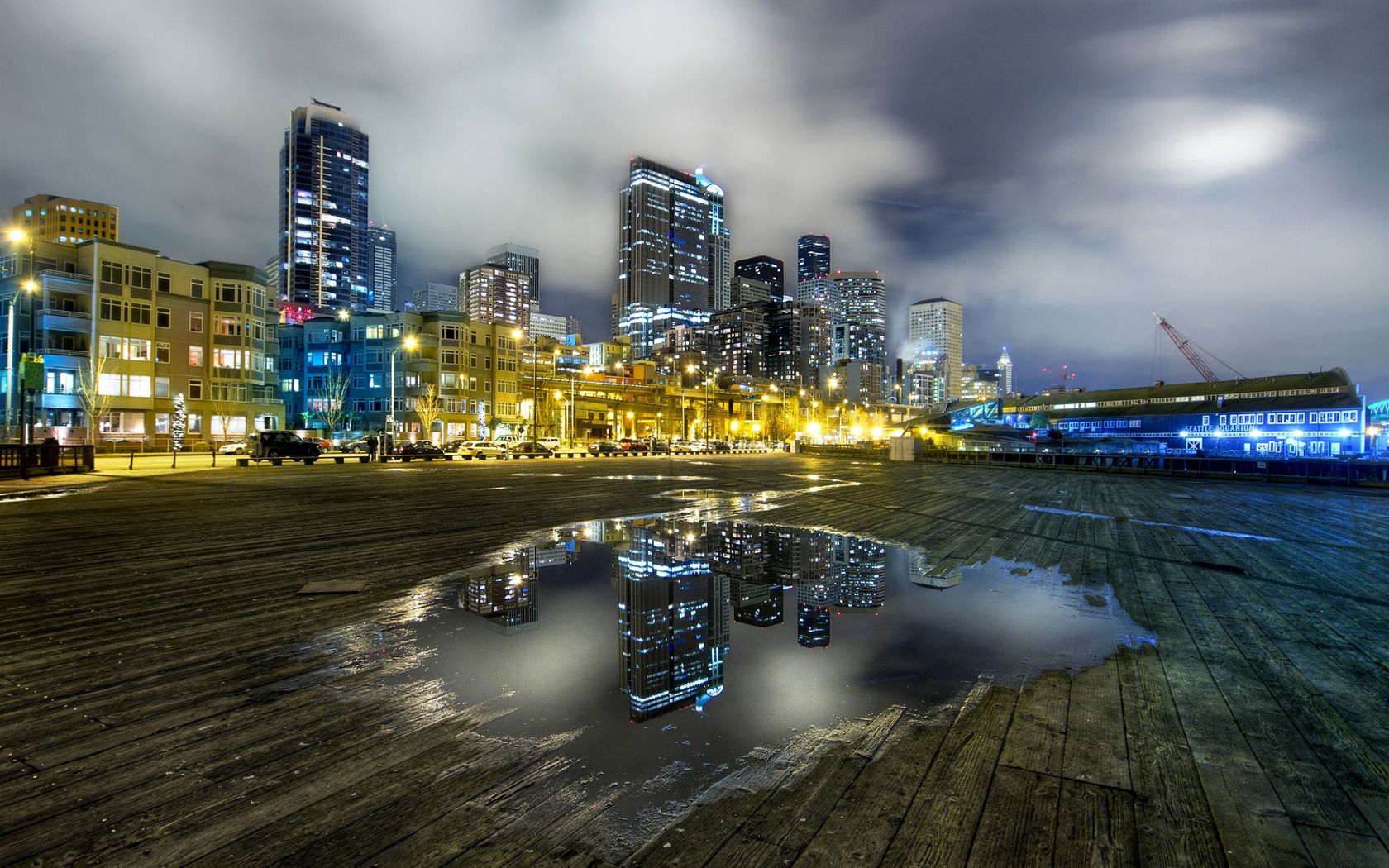 city, seattle, usa, morning, gray sky, lights, pool, reflection, boards, hdr