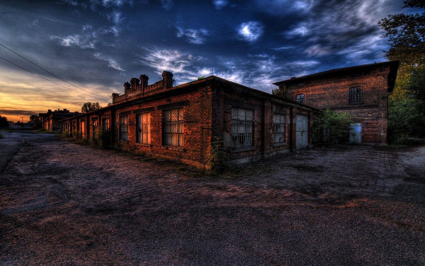 building, dusk, road, sky, trees, bricks, hdr