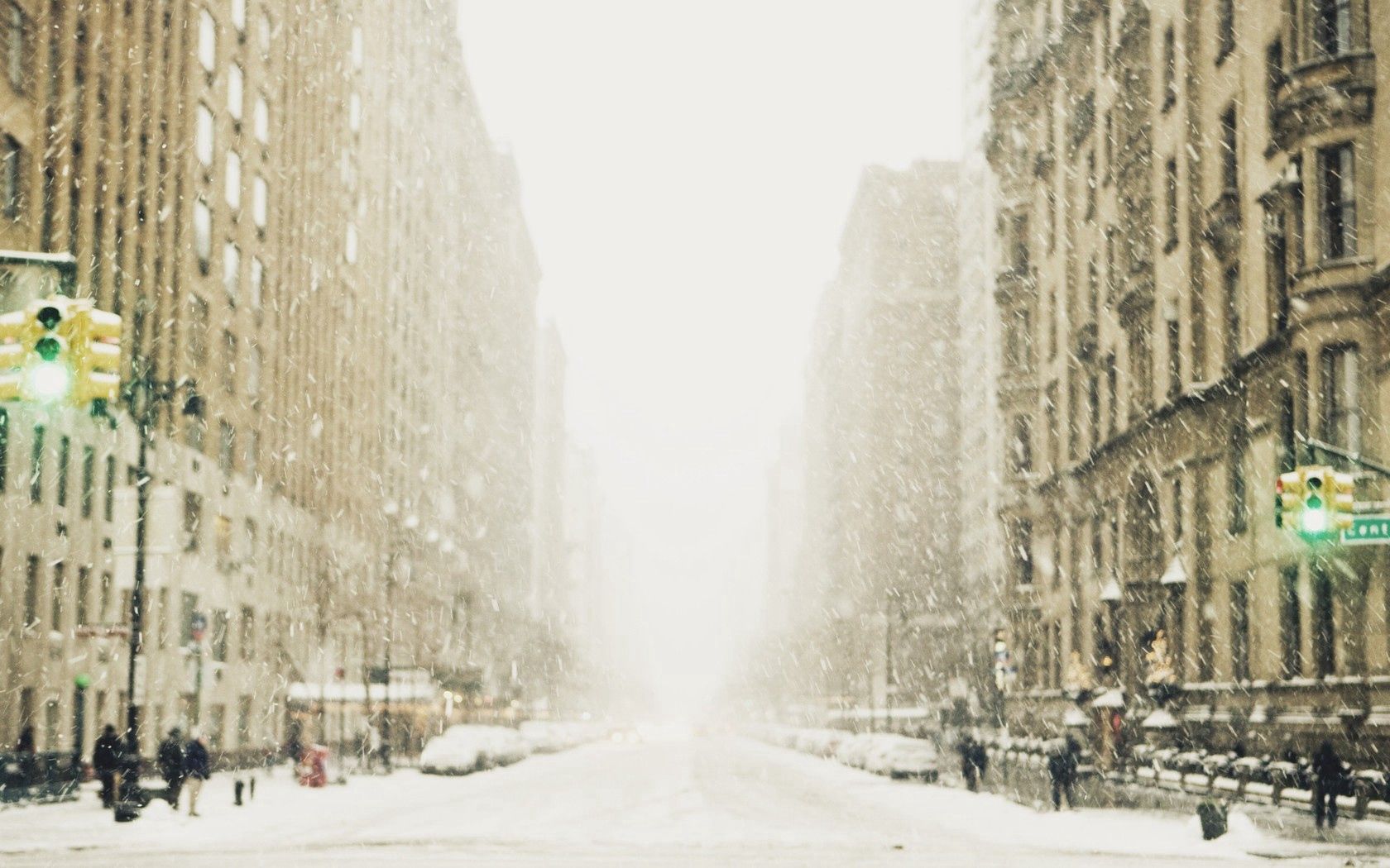 winter, snow, city, street, metropolis, traffic light