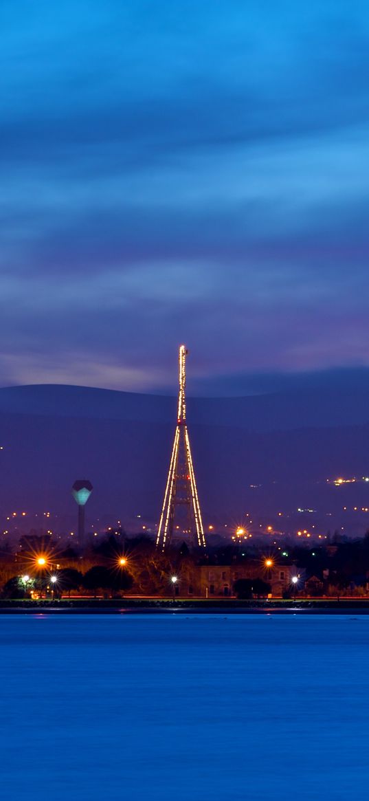 ireland, dublin, evening, dusk, sky, blue, clouds, mountains, houses, lights, quay, river