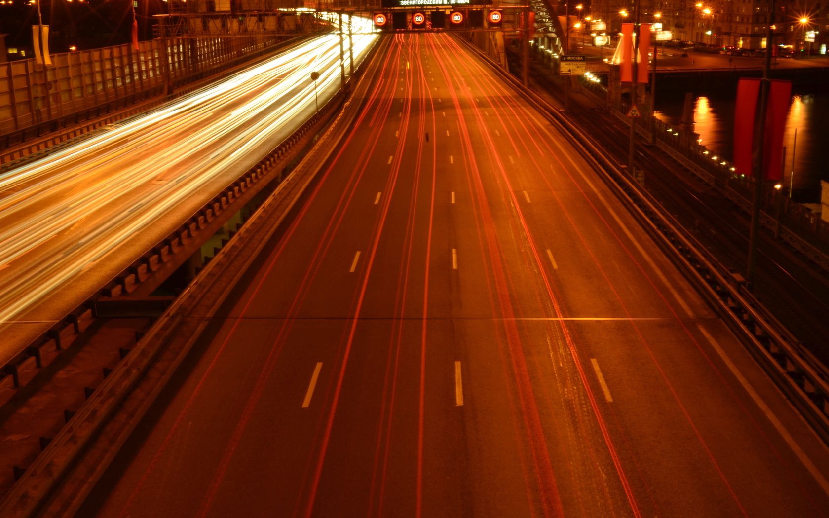 moscow, bridge, car, road, lights