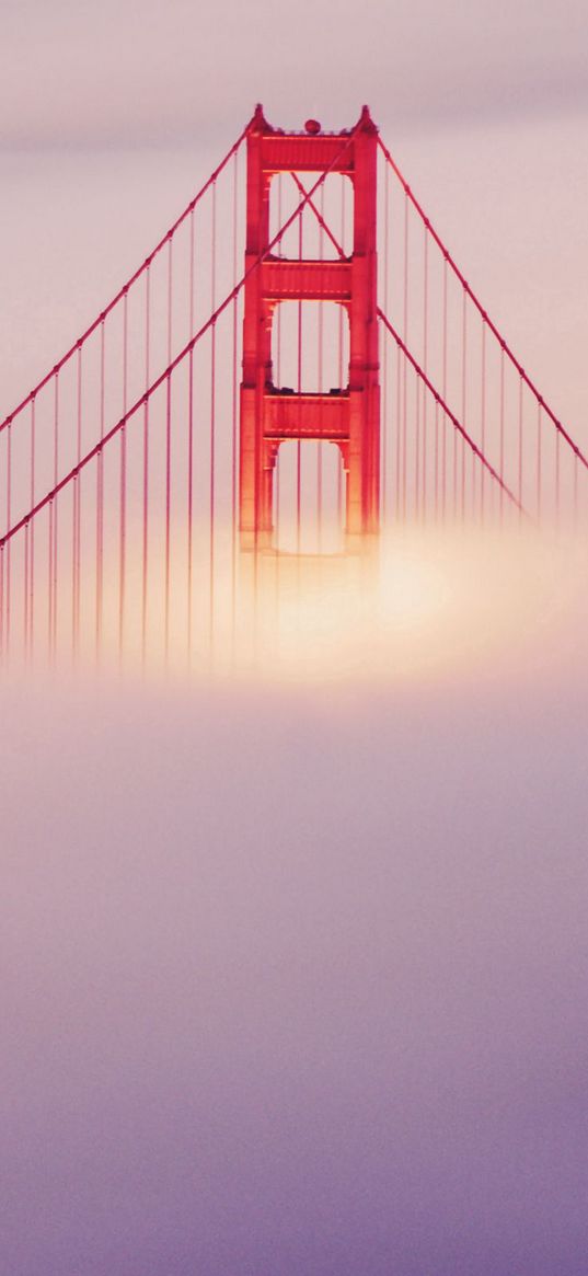 bridge, san francisco, fog, lights, sky