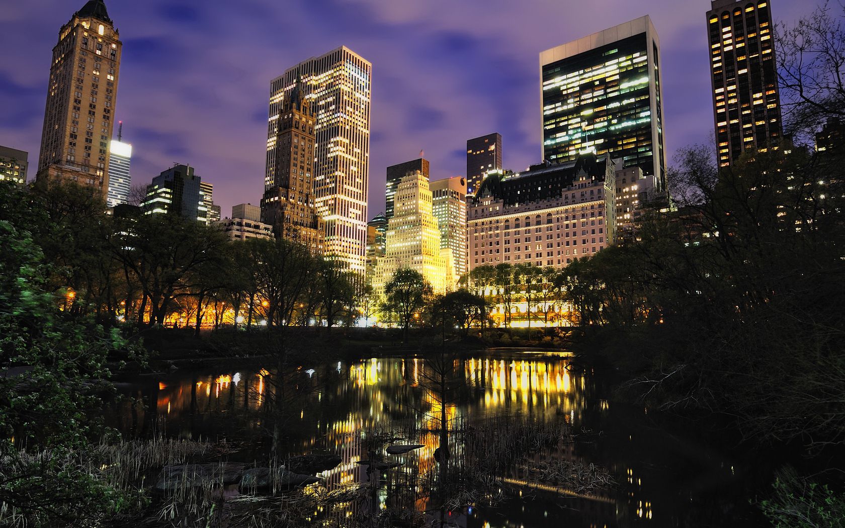 new york city, center, new york, city, houses, buildings, trees, clouds, cloudy, manhattan, lake, light, lights, night city, beautiful, beautiful sky, pond, reflection